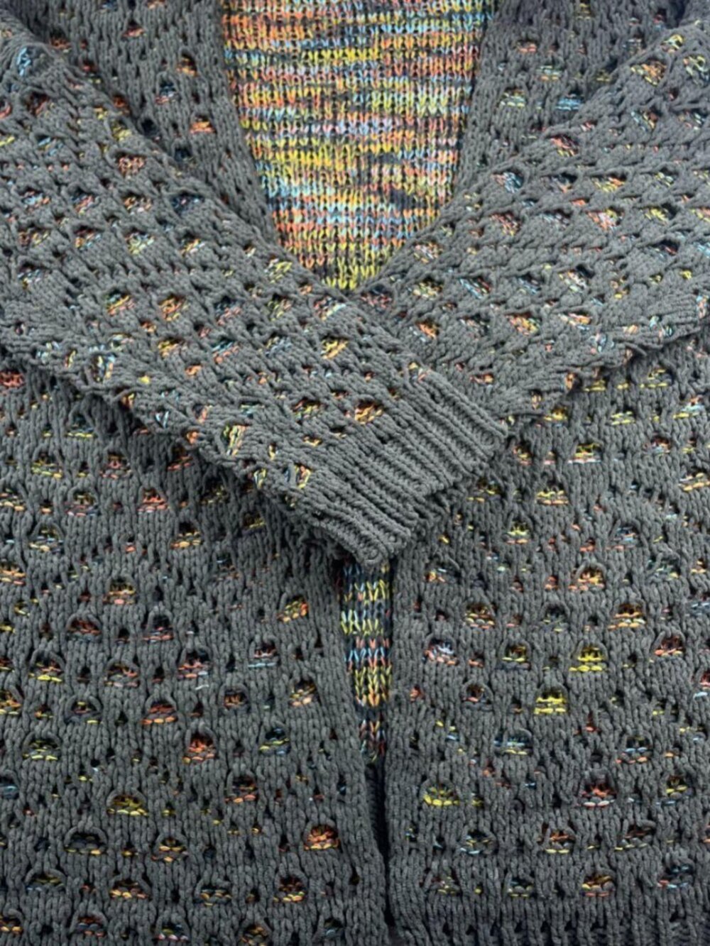 CardiganCharcoal Open‑Knit Cardigan w/ Multicolor Speckled Detail
